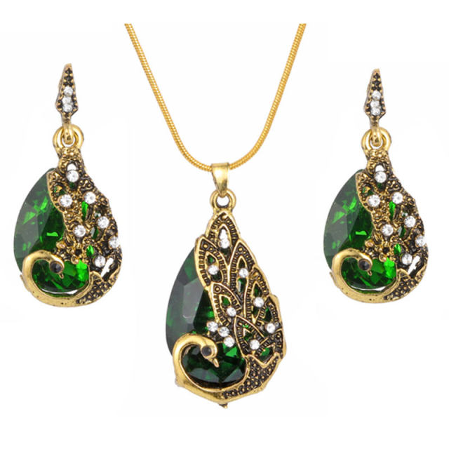 Vintage Waterdrop Rhinestone Pendant Necklace Earrings Crystal Jewelry Set