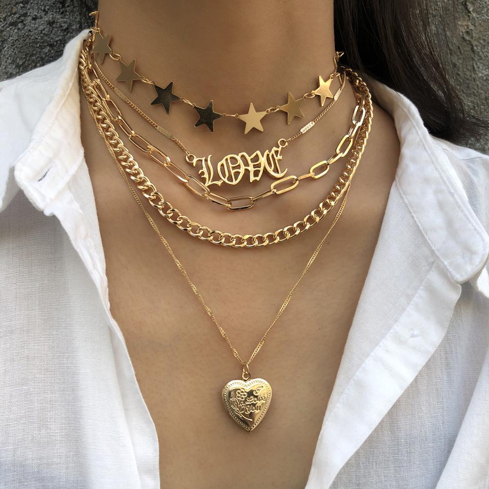 Vintage Multi-Layered Love Heart Pendant Choker Necklace Set