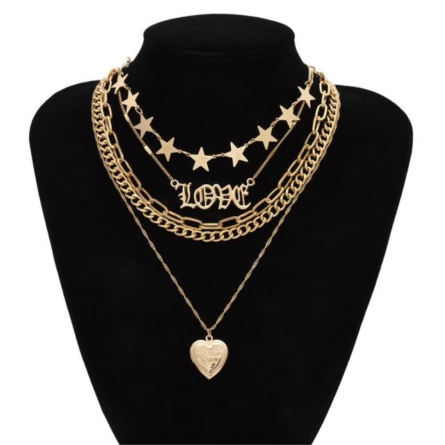 Vintage Multi-Layered Love Heart Pendant Choker Necklace Set