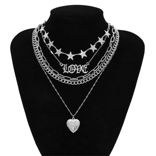 Vintage Multi-Layered Love Heart Pendant Choker Necklace Set