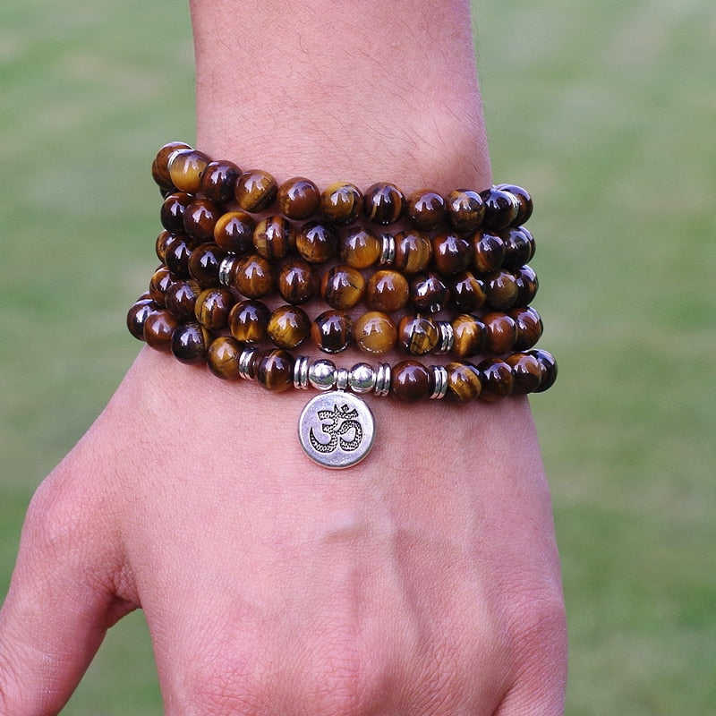 8mm Tiger Eye Stone Beads Tibetan OM Strand Bracelet