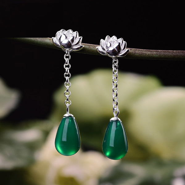 Pendientes de plata de ley 925 con forma de gota de agua y loto para mujer