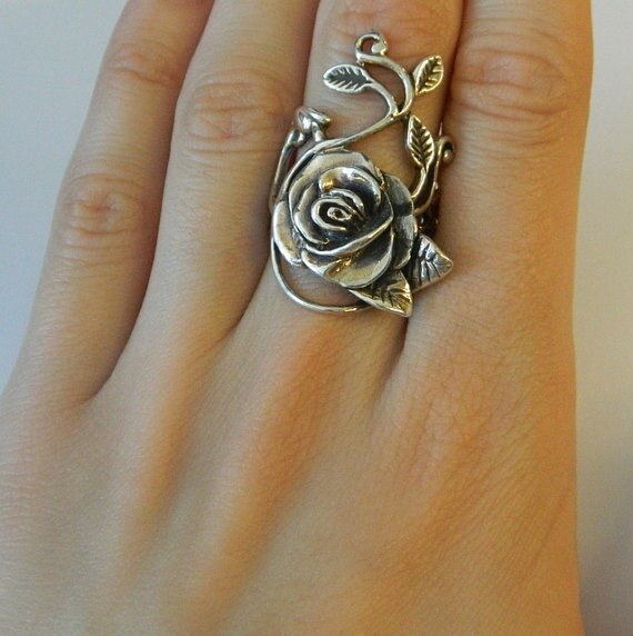 Handmade Antique Silver Color Large Rose Flower Carve Ring