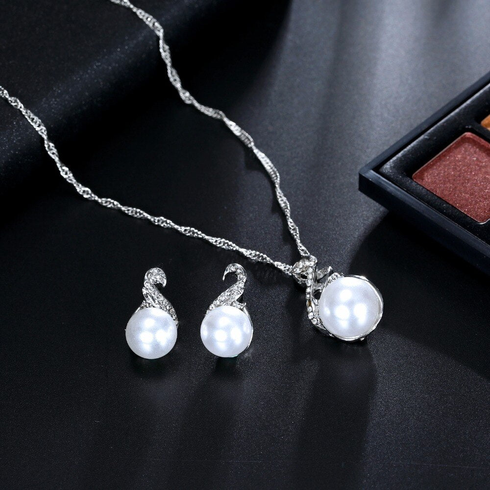 Wedding Silver Color Earrings Simulated Pearl Jewelry Set