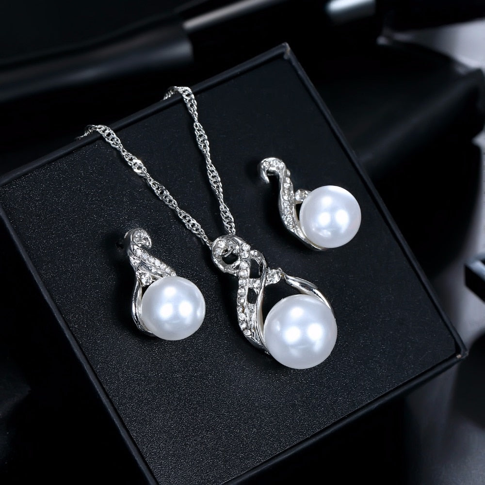 Wedding Silver Color Earrings Simulated Pearl Jewelry Set