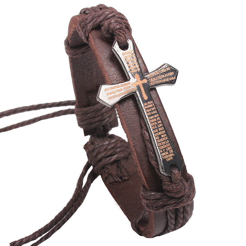 Vintage Leather   Metal Cross Jesus Bracelet