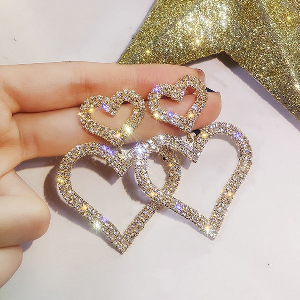 Pendientes de doble corazón de cristal de moda exagerada y dominada
