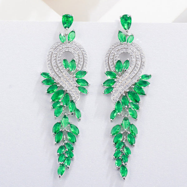 Pendientes colgantes vintage largos con forma de gota de agua, hojas y flores, color verde