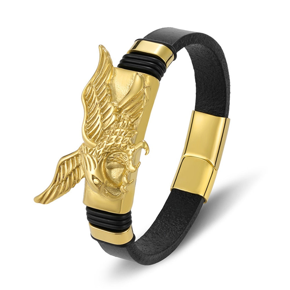 Gold Black Leather  Men  Eagles  Animal Magnetic  Bracelet