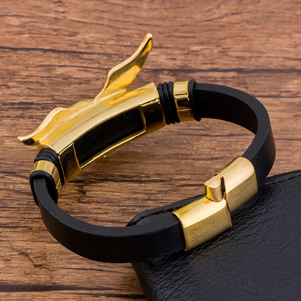 Gold Black Leather  Men  Eagles  Animal Magnetic  Bracelet