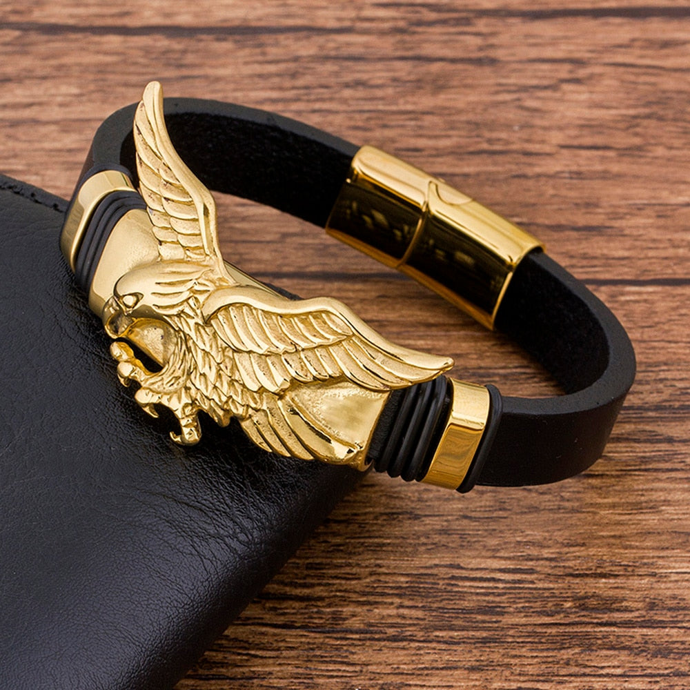 Gold Black Leather  Men  Eagles  Animal Magnetic  Bracelet