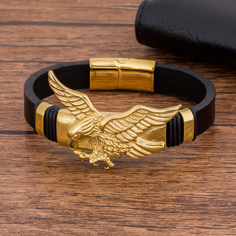 Gold Black Leather  Men  Eagles  Animal Magnetic  Bracelet