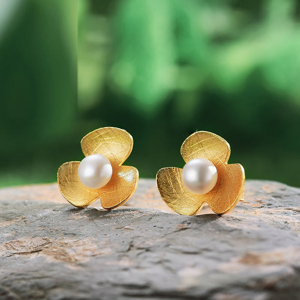 Pendientes de botón con forma de trébol en plata de ley 925 y oro de 18 quilates para mujer