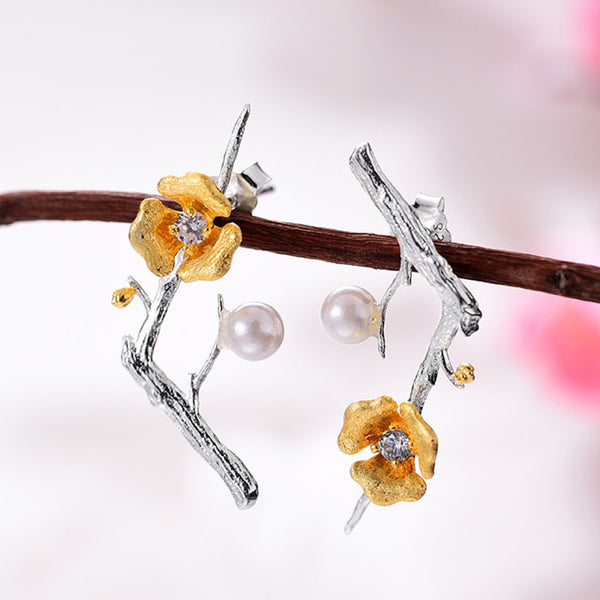 Pendientes de plata de ley 925 auténtica con delicadas flores de ciruelo para mujer.