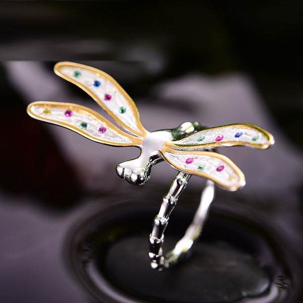 925 Sterling Silver  Multicolor Zirconia Beautiful Dragonfly Design Rings