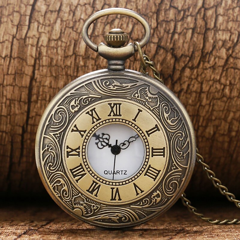 Vintage Bronze Roman Number Necklace Quartz Pocket Watch