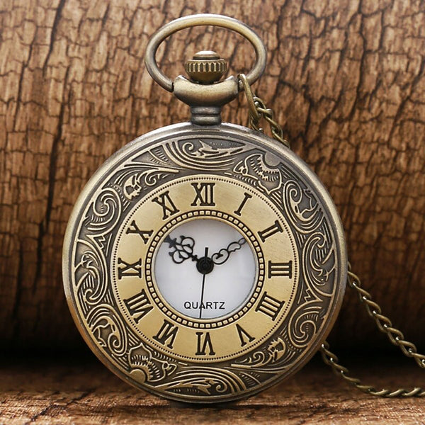 Vintage Bronze Roman Number Necklace Quartz Pocket Watch