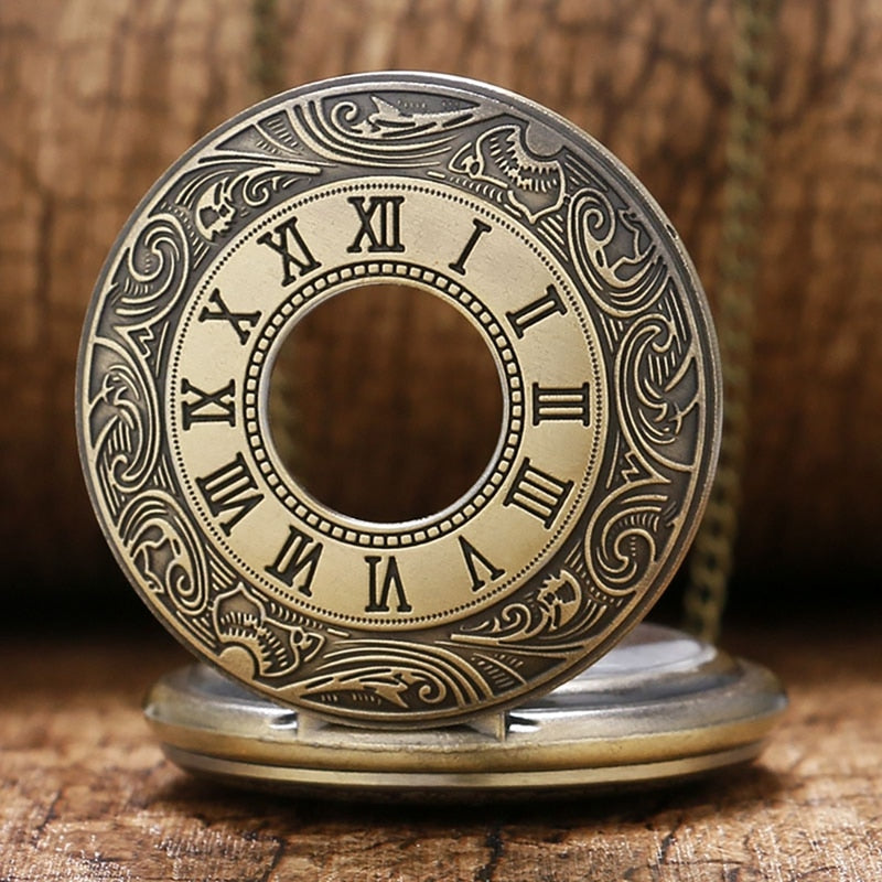 Vintage Bronze Roman Number Necklace Quartz Pocket Watch