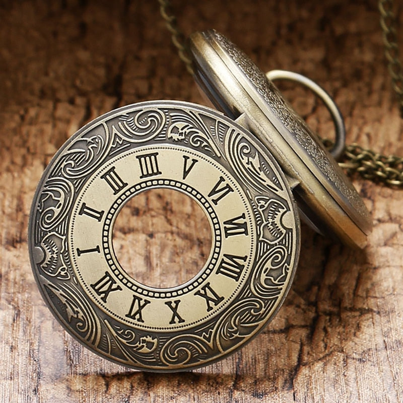 Vintage Bronze Roman Number Necklace Quartz Pocket Watch