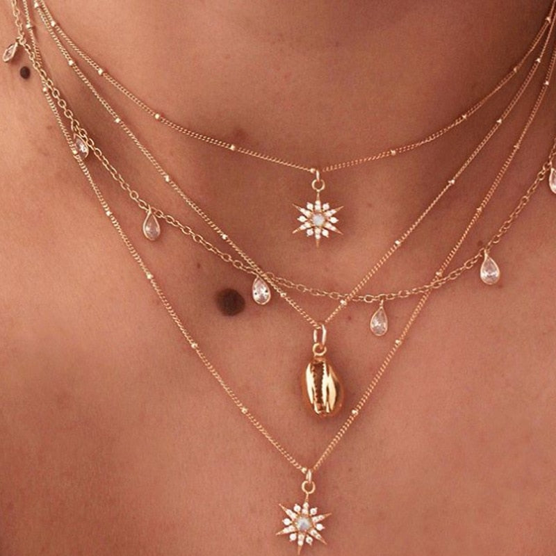 Simple Gold Shell Sun Flower Multilayer Necklace