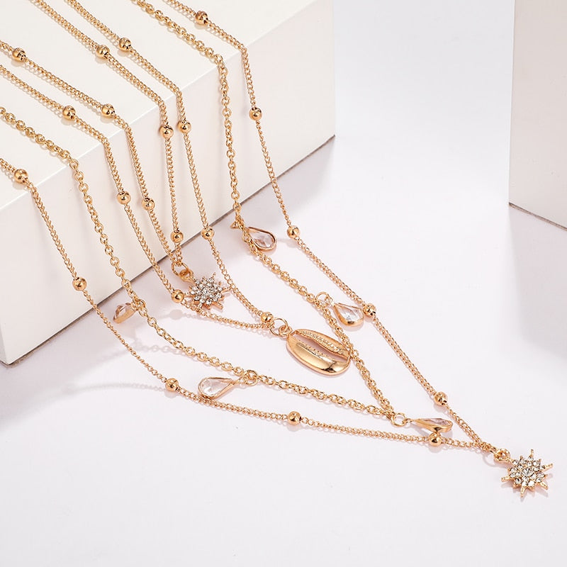 Simple Gold Shell Sun Flower Multilayer Necklace