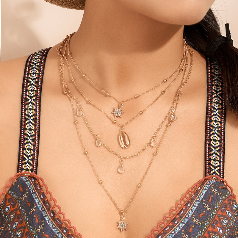 Simple Gold Shell Sun Flower Multilayer Necklace