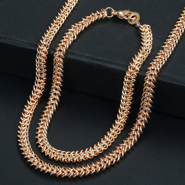 Rose Gold Braided Foxtail Bead Link Chain Necklace Bracelet Set