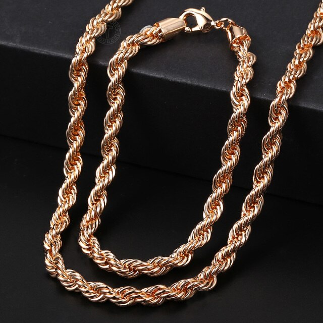Rose Gold Braided Foxtail Bead Link Chain Necklace Bracelet Set