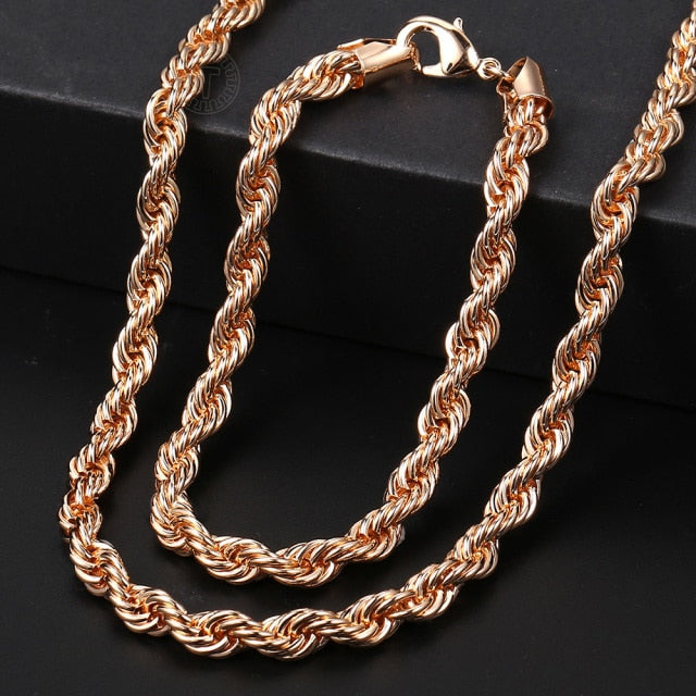 Rose Gold Braided Foxtail Bead Link Chain Necklace Bracelet Set
