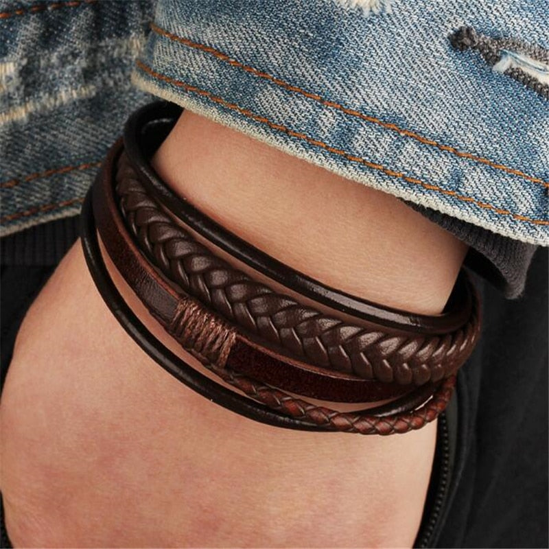 Men Stainless Steel Multilayer Braided Rope Bracelets