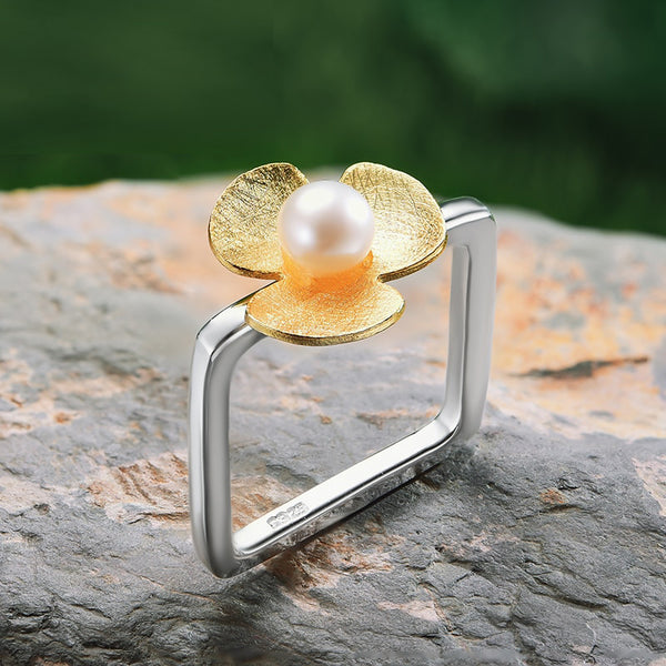 925 Sterling Silver Natural Pearl Handmade Fine Jewelry Square Ring