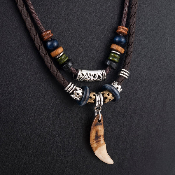Men's Bohemia Tooth Pendant  Leather Beaded Weaved Necklace