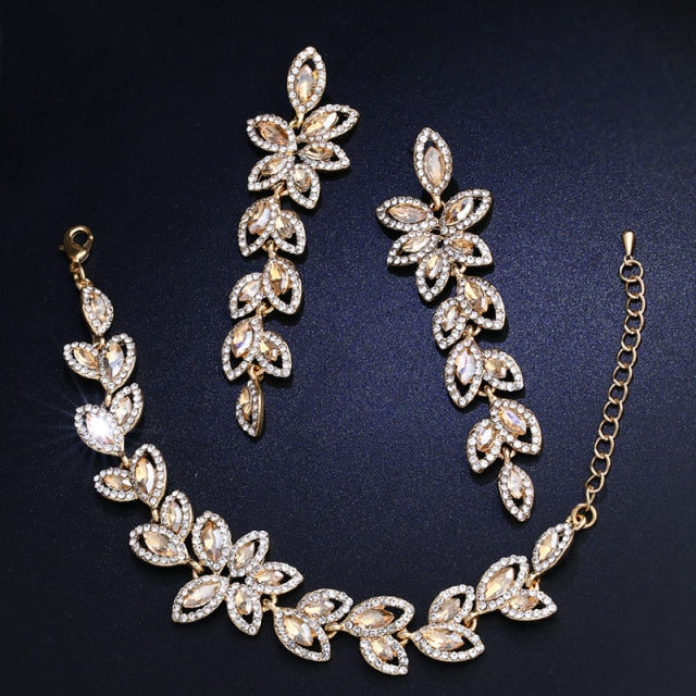 Crystal Bridal Jewelry Sets Gold Flower Earrings Bracelets Wedding Jewelry Sets