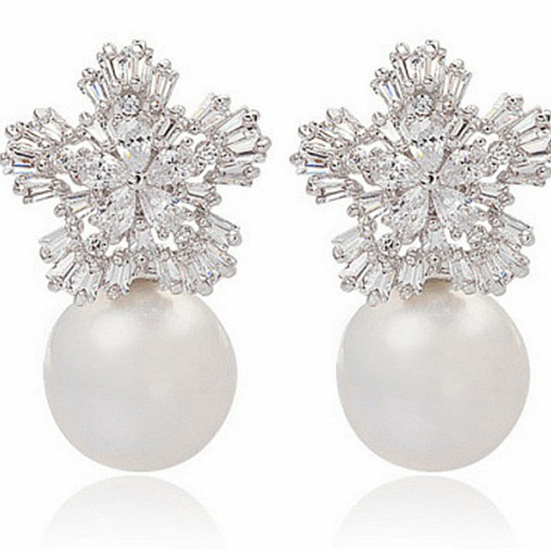Pearl Earrings Woman Fashion Snowflake Crystal Earrings