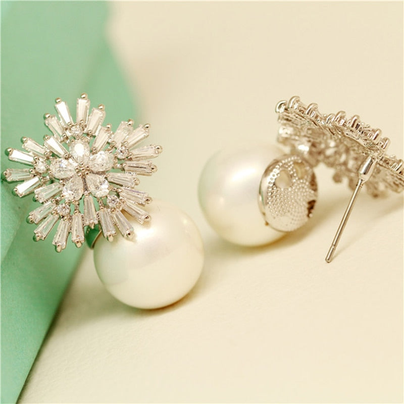 Pearl Earrings Woman Fashion Snowflake Crystal Earrings