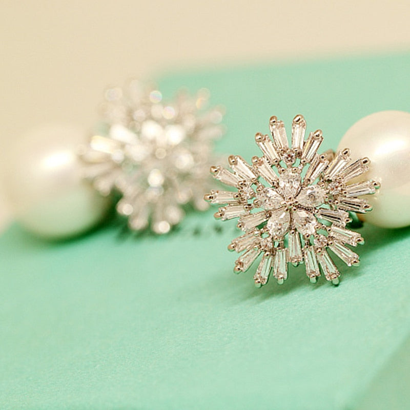Pearl Earrings Woman Fashion Snowflake Crystal Earrings