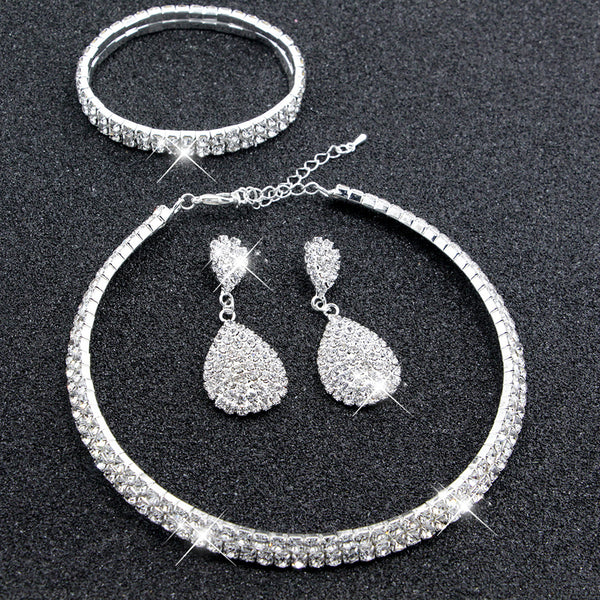 Classic Rhinestone Necklace Earrings Bracelet Wedding Jewelry Set