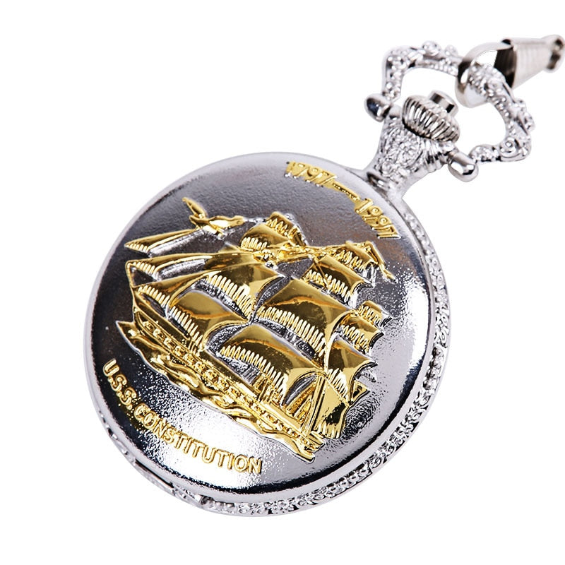 Retro silver large sailing boat smooth sailing boat pocket watch
