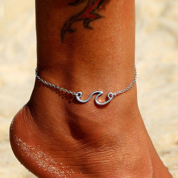 Pulsera de tobillo con cadena ondulada de color plata estilo bohemio vintage para mujer