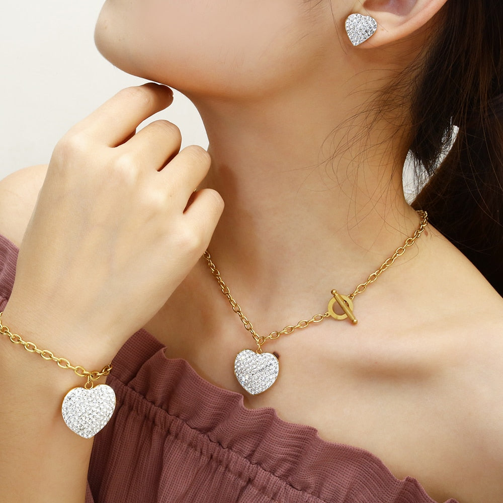 Stainless steel   Heart Necklace Earrings Jewelry Set