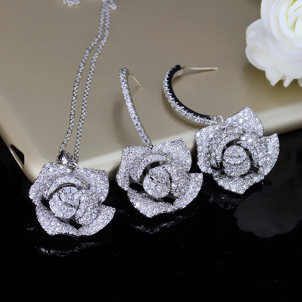 Romantic Rose Flower Earrings and Necklace Big Jewelry Sets