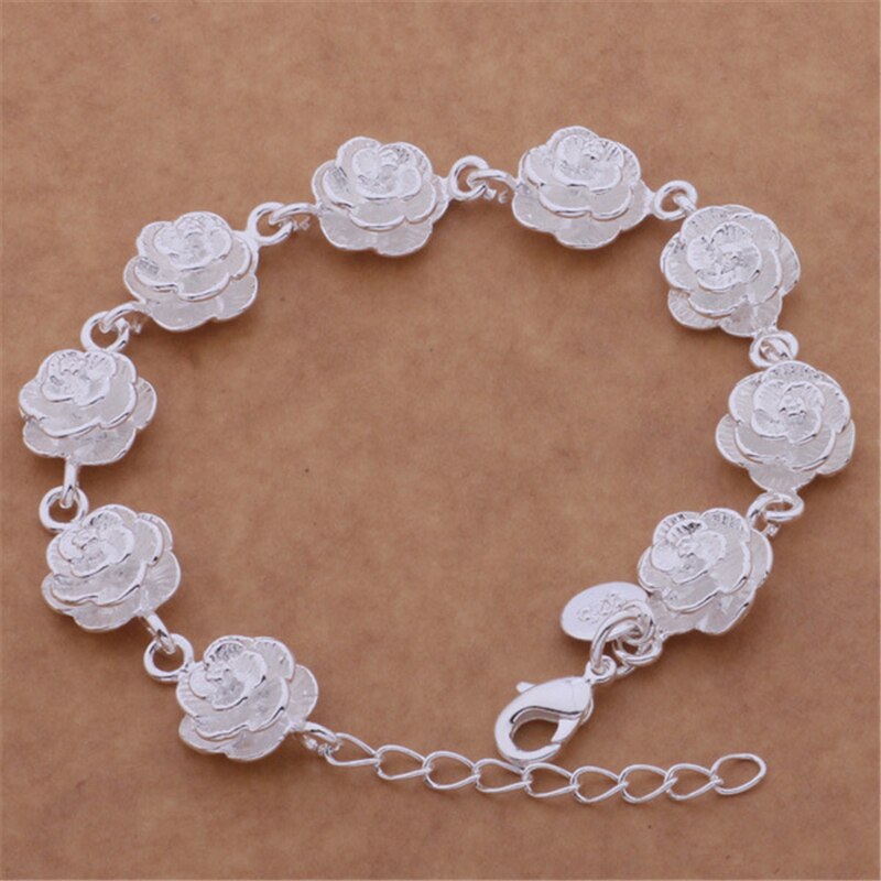Rose Flower Bracelet Ring Earrings Necklace 4 pcs Jewelery Set