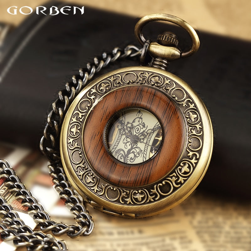Solid Wood Mechanical Pocket Watch