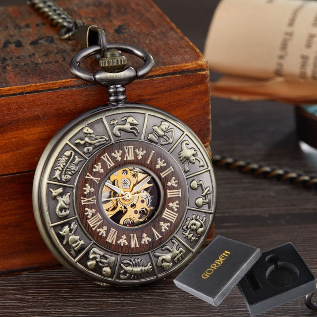 FOB Chain Locket Dial Hollow Steampunk Solid Wood Mechanical Pocket Watch