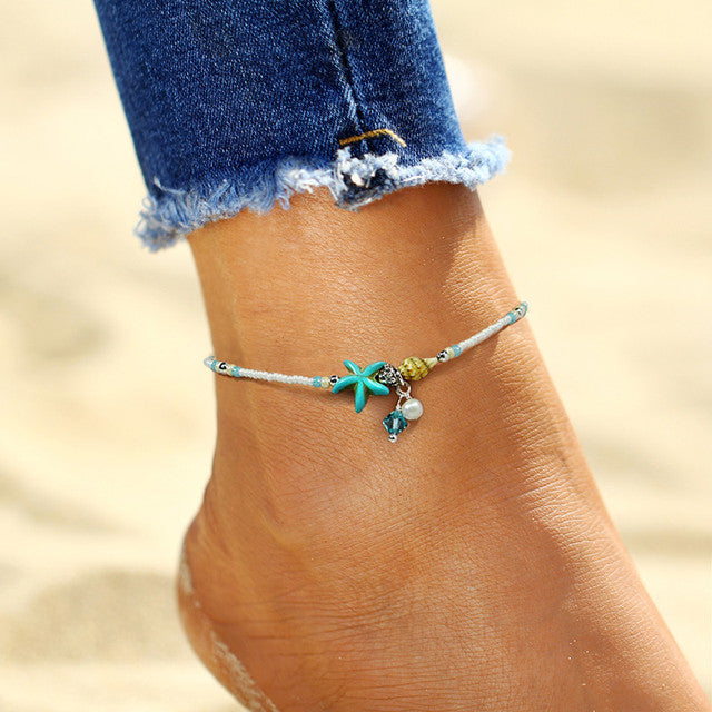 Bohemian Silver Color Shell Starfish Pendant Anklets Set