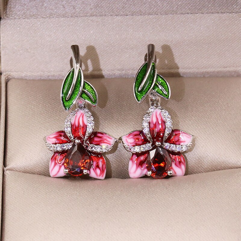 Elegant Pink Enamel Flower Ring Necklace Earrings Set