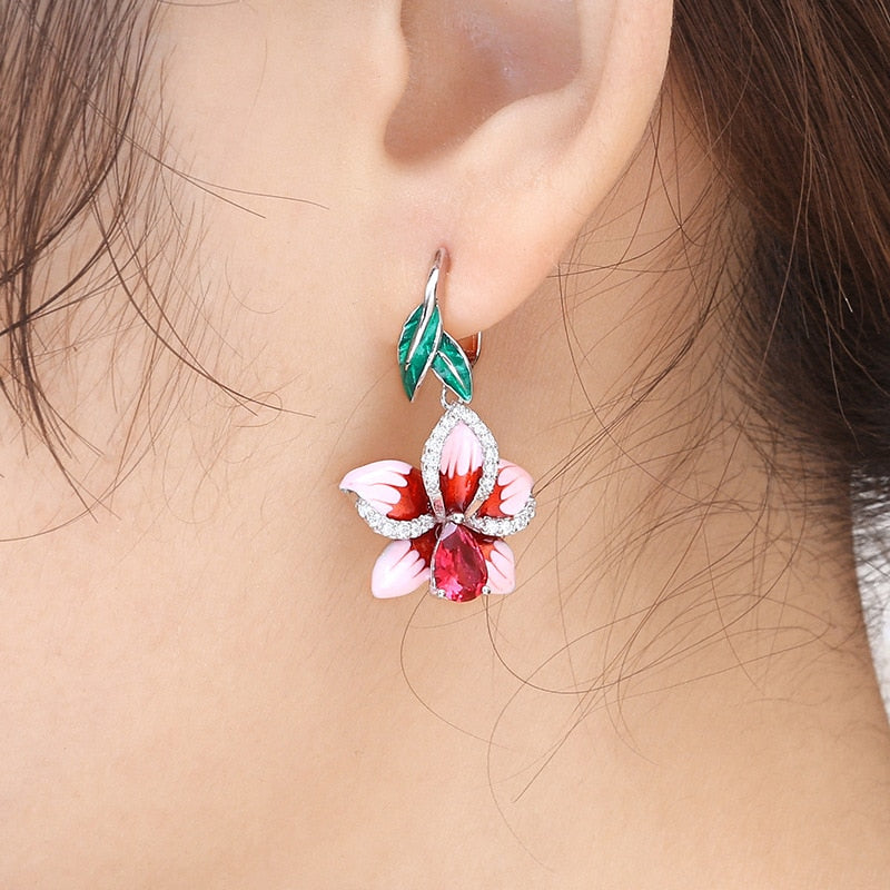 Elegant Pink Enamel Flower Ring Necklace Earrings Set