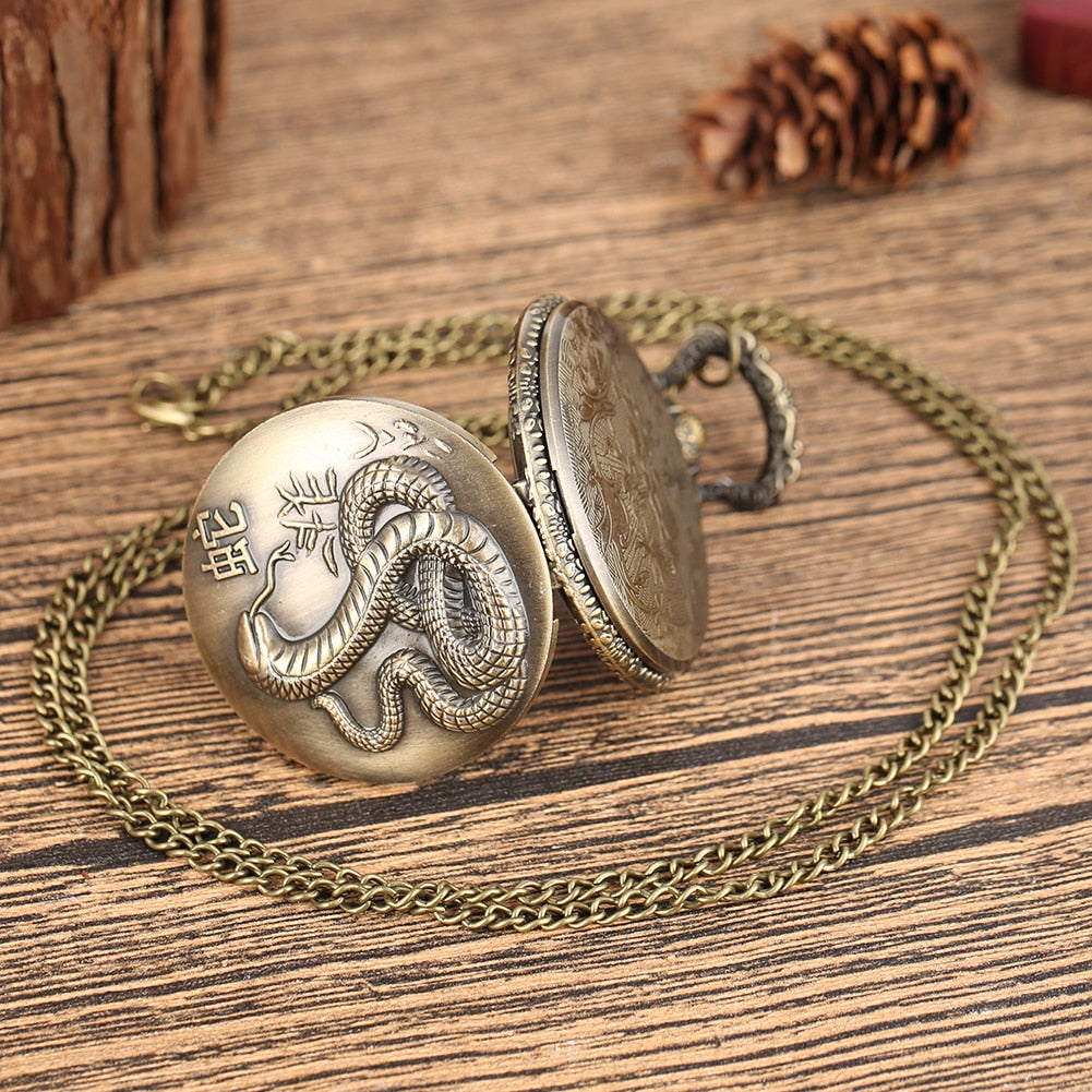 Retro  Design Lucky Pendant Clock Old Fashioned Bronze Necklace Watch