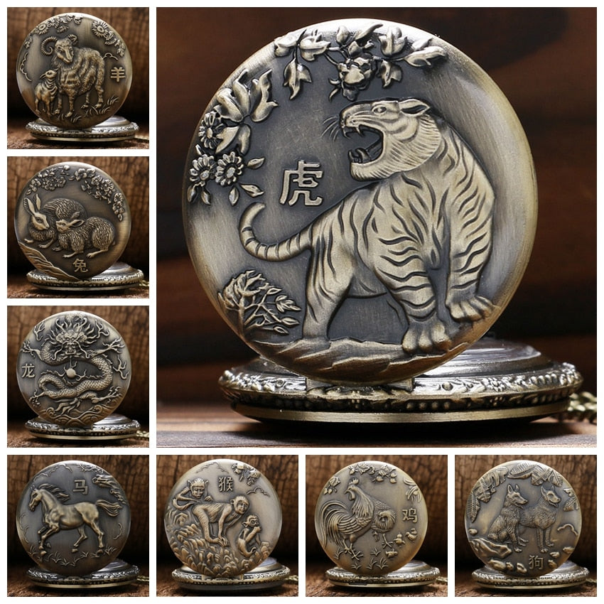 Retro  Design Lucky Pendant Clock Old Fashioned Bronze Necklace Watch