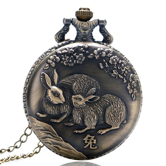 Retro  Design Lucky Pendant Clock Old Fashioned Bronze Necklace Watch